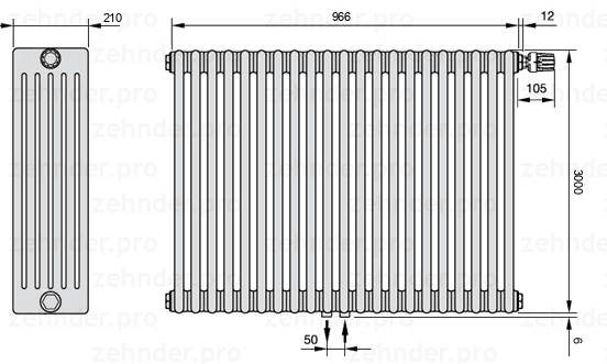 Схема (чертеж) Радиатор Zehnder Charleston 6300/21 №V008 Белый глянцевый RAL 9016